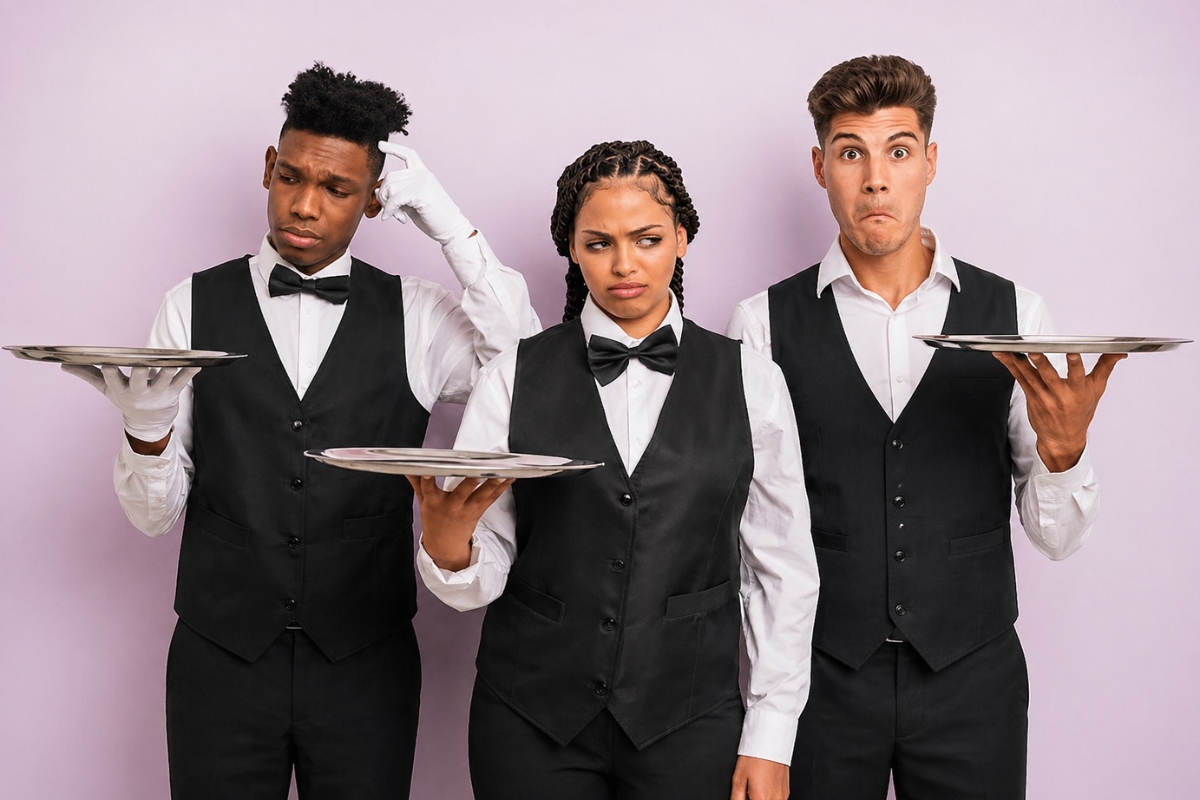 three outsourced catering staff looking confused