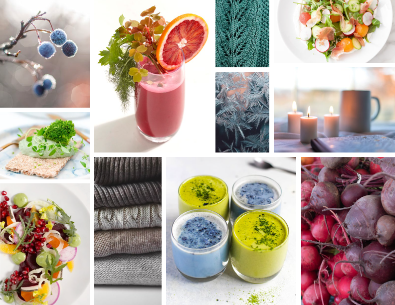 mood board with beet juice, cold weather fabric, salads, smoothies