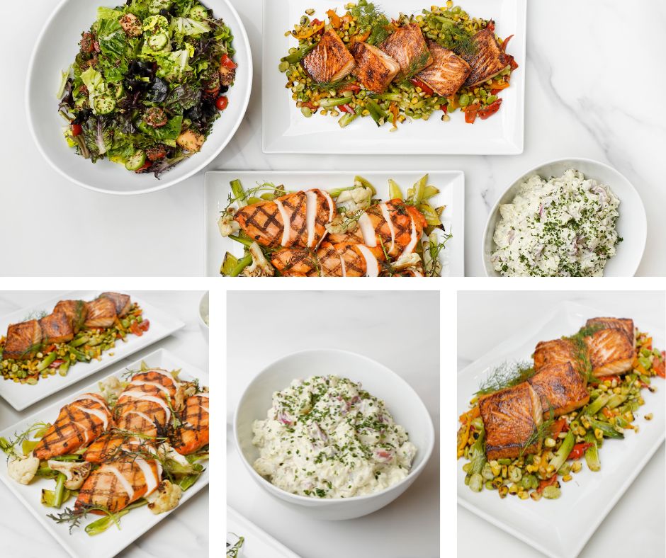 A spread of Paramount Events' summer drop-off catering menu items, including BBQ Spiced Salmon, grits, grilled chicken breast, and mixed greens salad