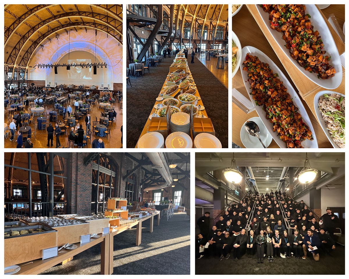 a collage photographs, including events catered by Chicago's leading sustainable catering company, Paramount Events, and a group photo of all Paramount Events staff members in uniform.