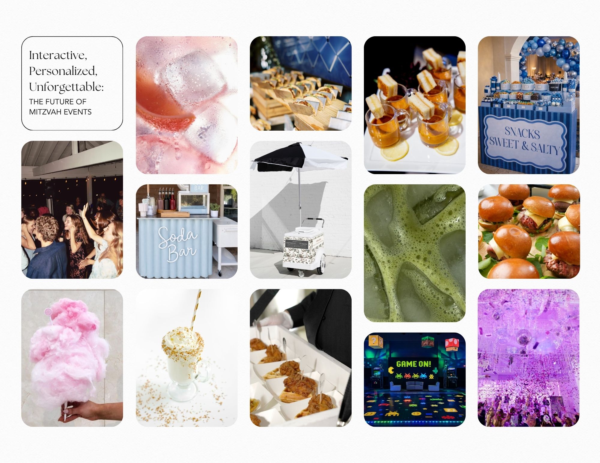 a collage of chicago catering inspiration for an interactive Bar & Bat Mitzvahsj experience with sliders, ice cream bars, and adult experiences