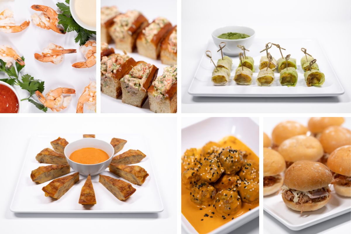 collage of new hors d'ouvres appetizer catering menu in chicago by paramount events, including egggrolls, sliders, wraps, and shrimp bites