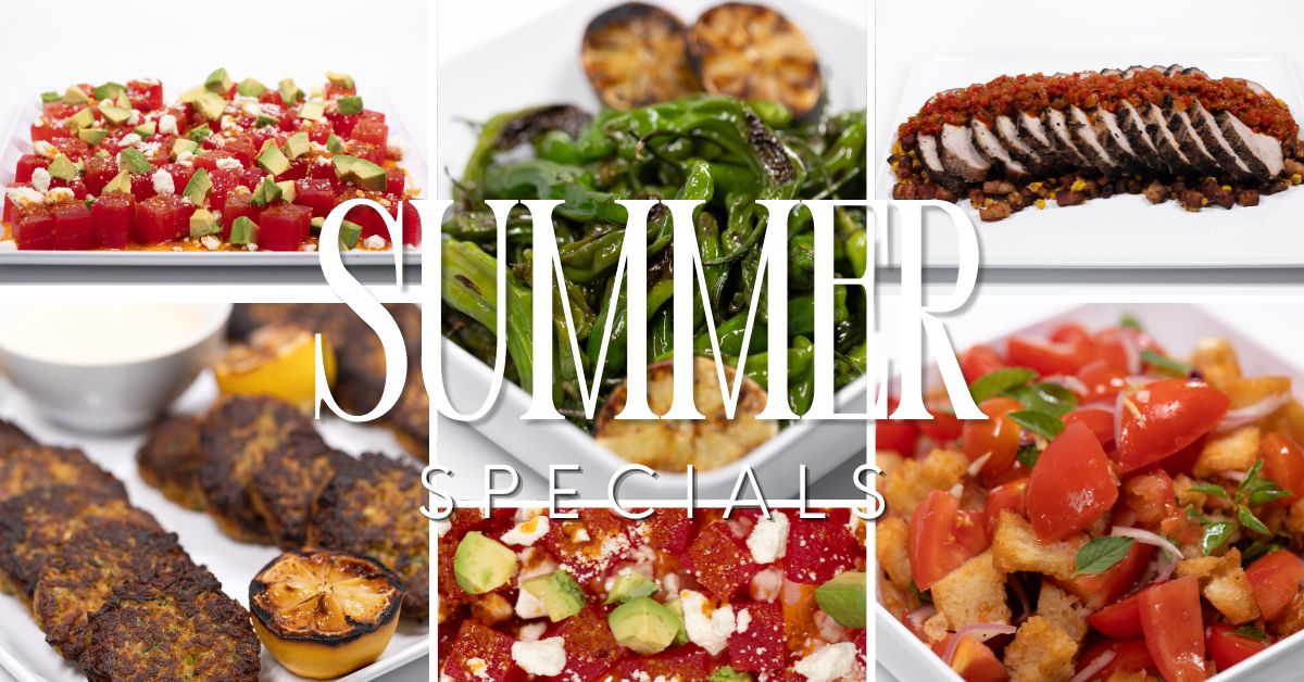 paramount events 2026 summer catering menu highlighted items including grilled shishito pepper, roasted pork loin, and salad