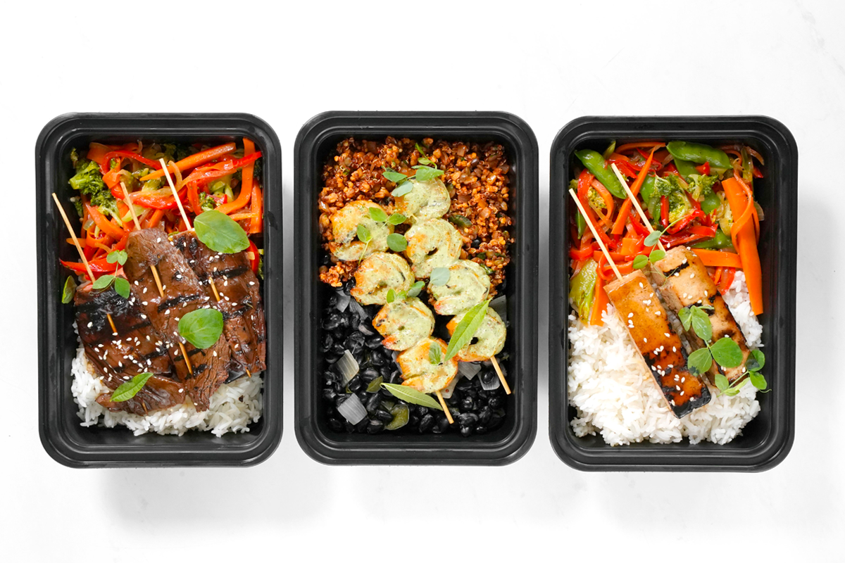 (Left to Right) Asian Beef Skewers, Chili Lime Shrimp Skewers, Tofu Skewers