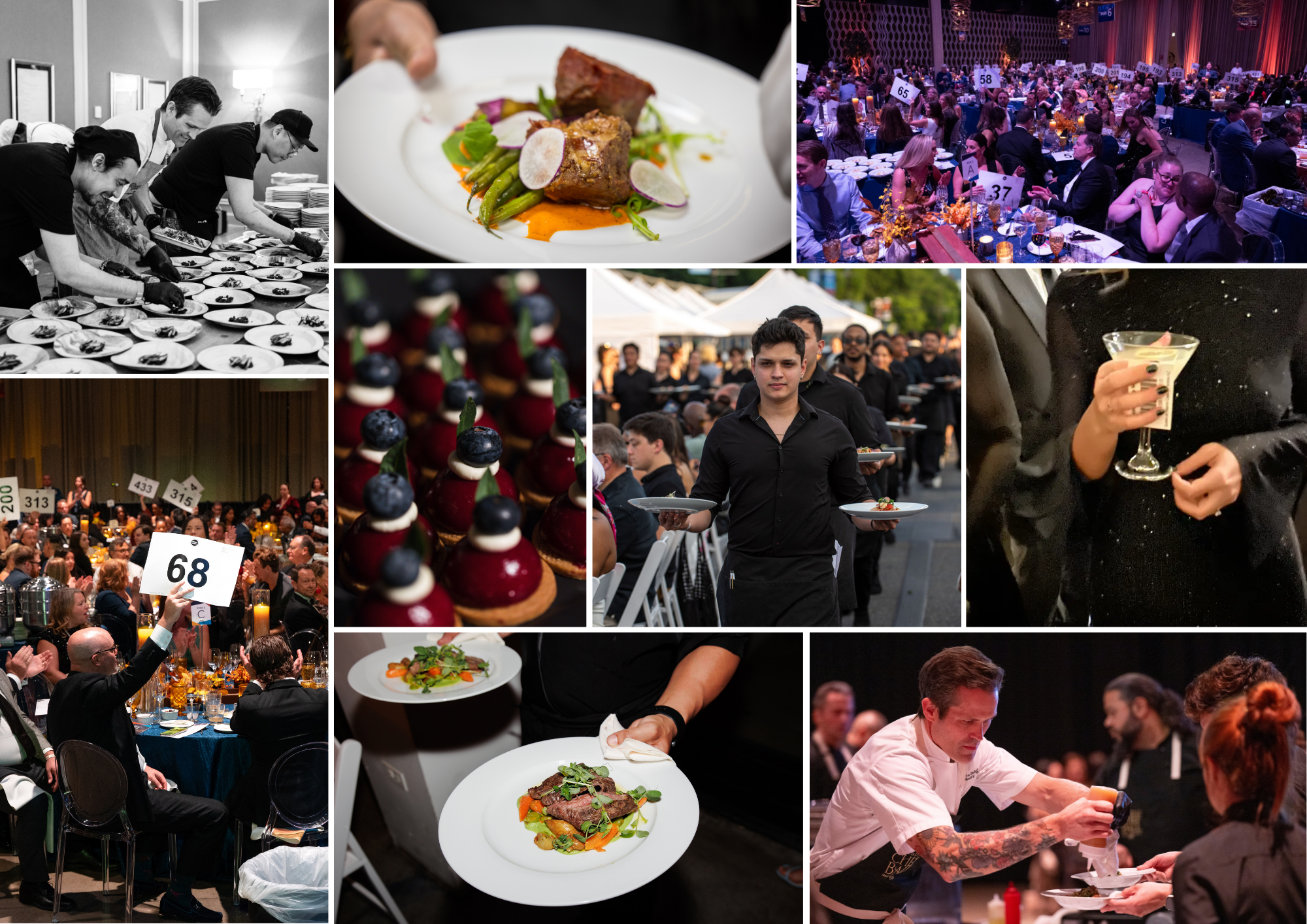 Collage showcasing gala catering with chefs plating dishes, elegantly presented entrées and hors d'oeuvres, servers delivering meals, cocktails, and guests enjoying a formal fundraising dinner.