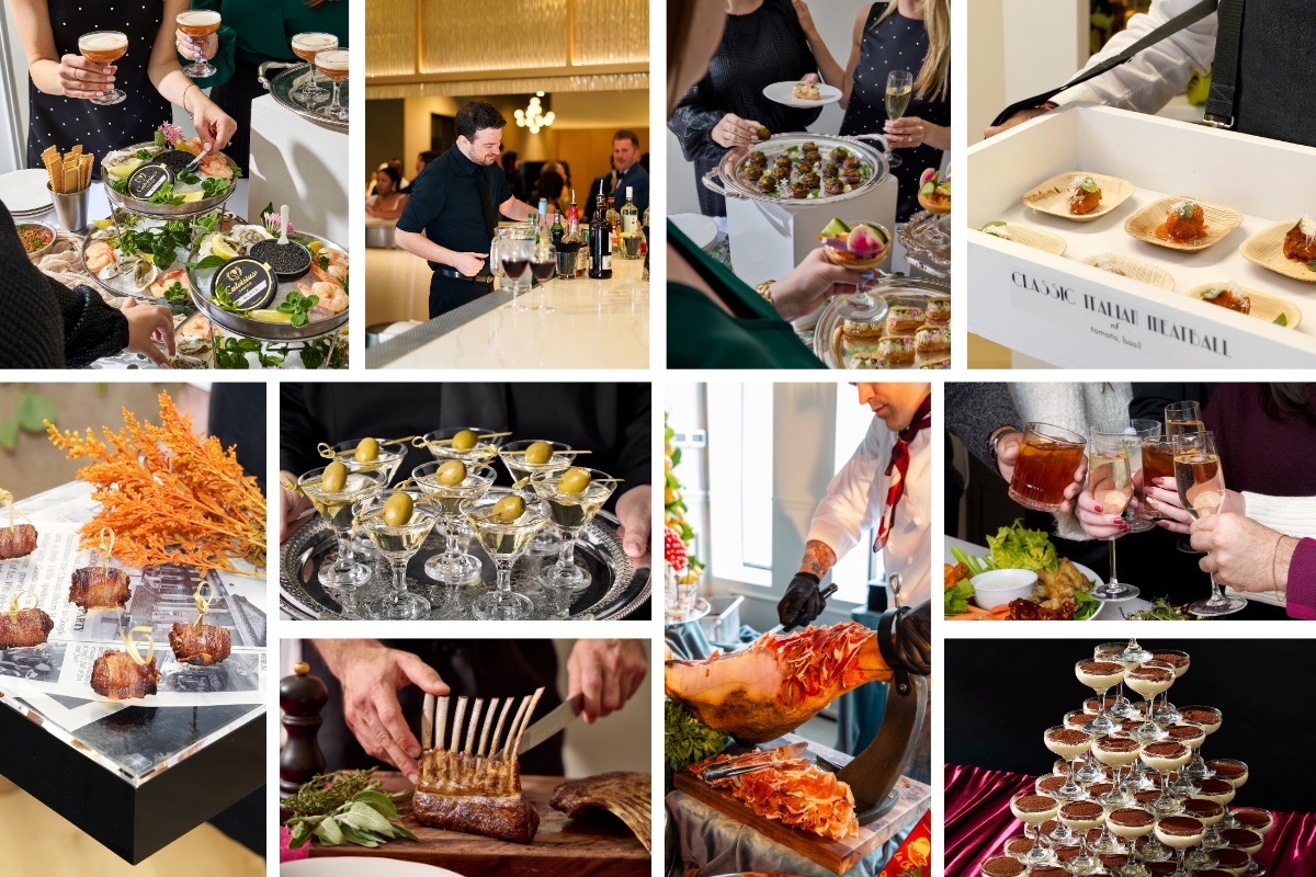 Collage of catered food and drinks at Chicago events including oysters and seafood displays passed appetizers martinis cocktails roasted lamb carved ham and a tower of desserts. Chefs and servers prepare and present dishes while guests enjoy drinks and hors d'oeuvres.