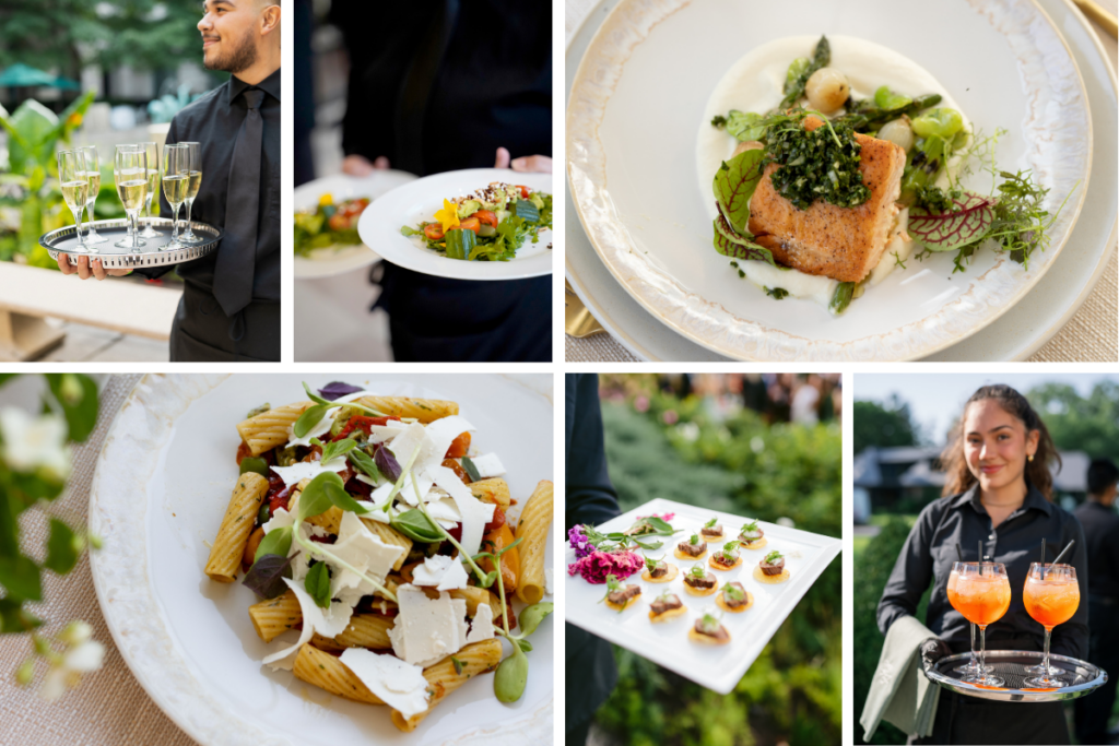 A collection of wedding catering moments includes servers carrying champagne cocktails hors d'oeuvres and colorful plated dishes. Seasonal salmon pasta salad and passed bites show how different courses can contribute to a memorable wedding dining experience.