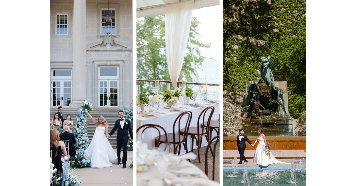 Newlyweds celebrate their Chicago wedding with an outdoor ceremony at the Chicago Historical Society an elegant waterfront reception table with white and green florals and a portrait beside an ivy covered fountain. The three scenes showcase the ceremony reception design and atmosphere of an elegant Chicago wedding catering experience.